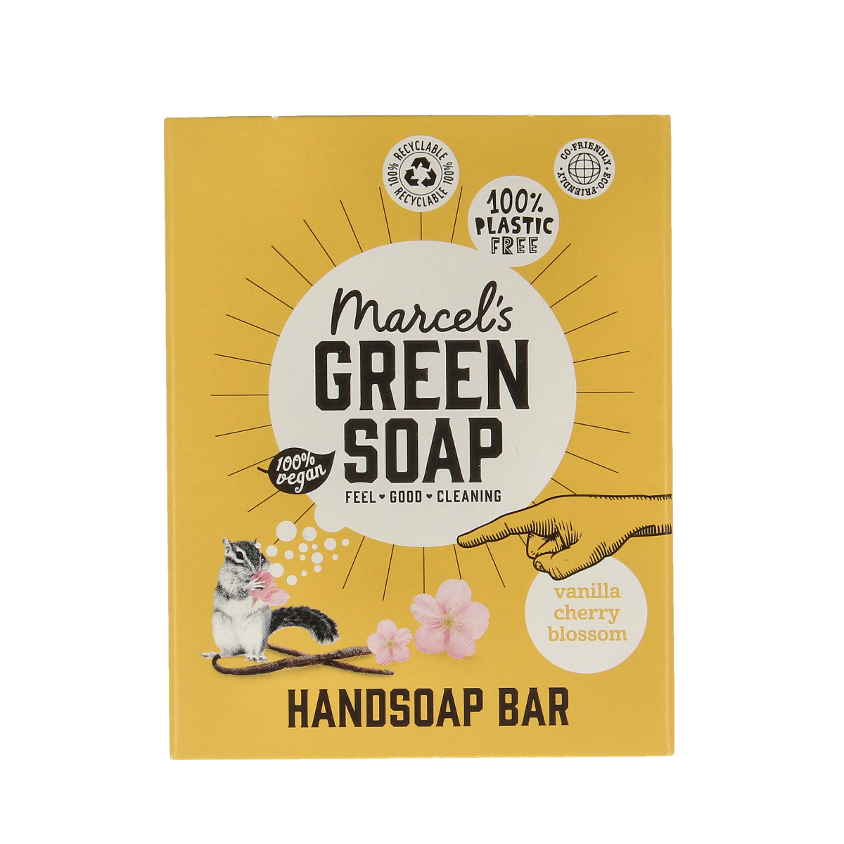 Marcel's Green Soap vanilla and cherry blossom hand soap bar, 90g, for hand skincare, with a natural, fragrant appearance