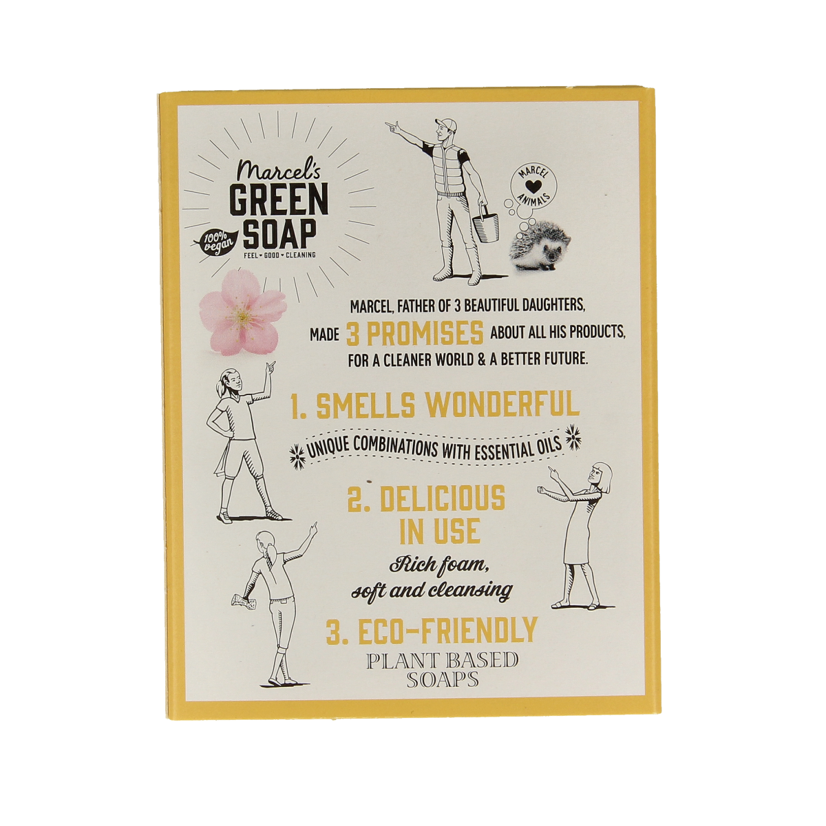 Marcel's Green Soap hand soap bar with vanilla and cherry blossom scent, 90g, featuring a natural, moisturizing hand care product.