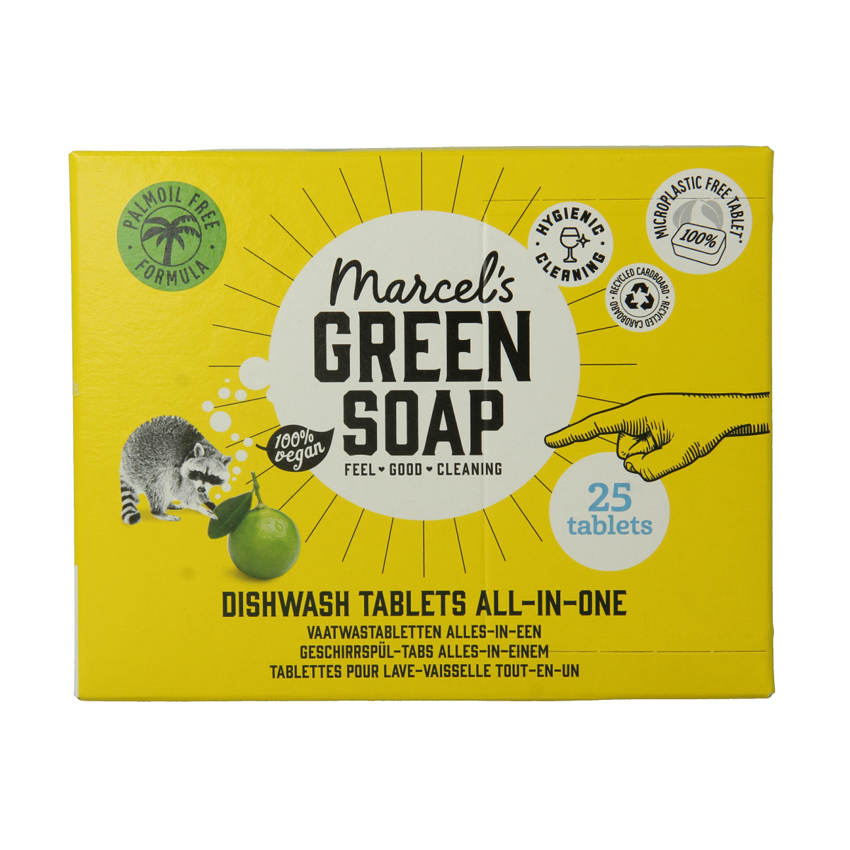 Marcel's Green Soap vaatwas tabletten for dishwashing, 25-pack, in a clear plastic container with green branding and product label.