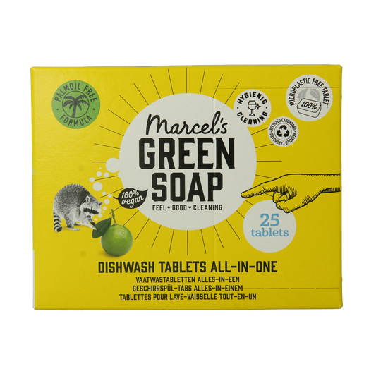 Marcel's Green Soap vaatwas tabletten for dishwashing, 25-pack, in a clear plastic container with green branding and product label.