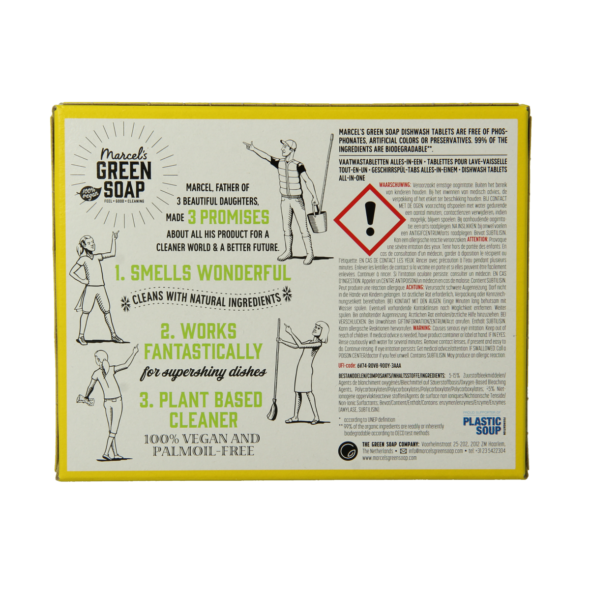 Marcel's Green Soap vaatwas tabletten, 25-pack, eco-friendly dishwashing tablets in a transparent container.