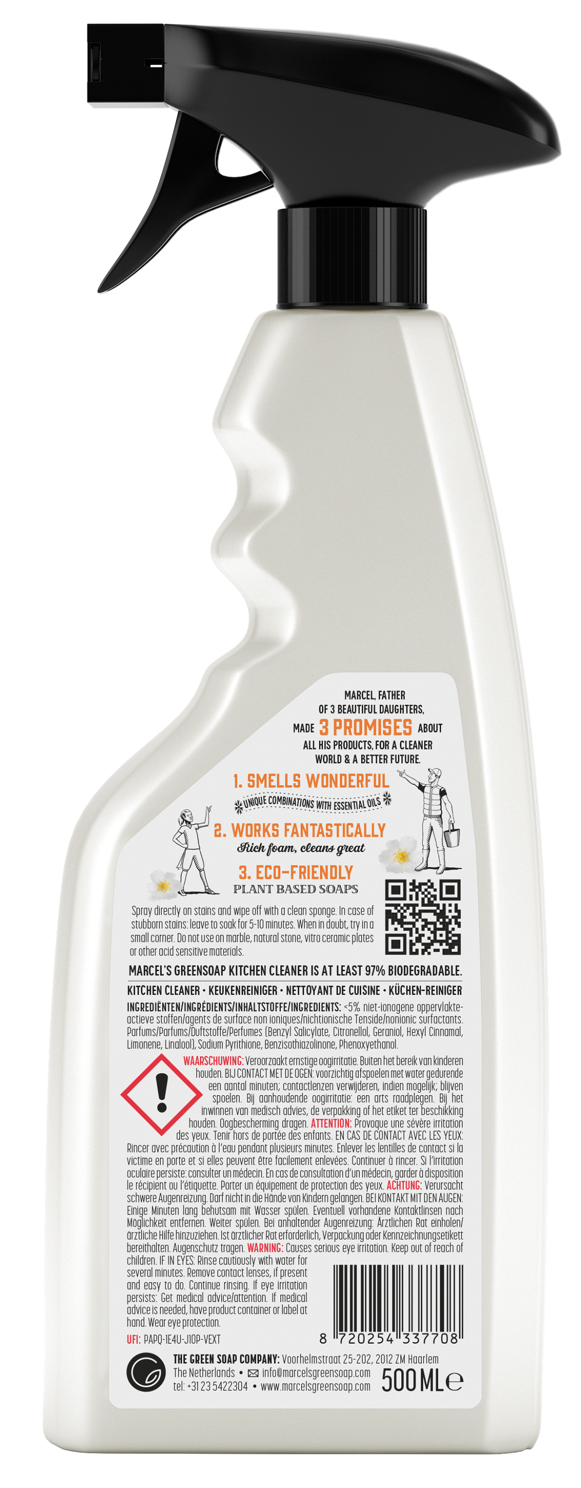 Marcel's Green Soap keukenreiniger spray sinaasappel en jasmijn in 500ml spray bottle, eco-friendly cleaning product