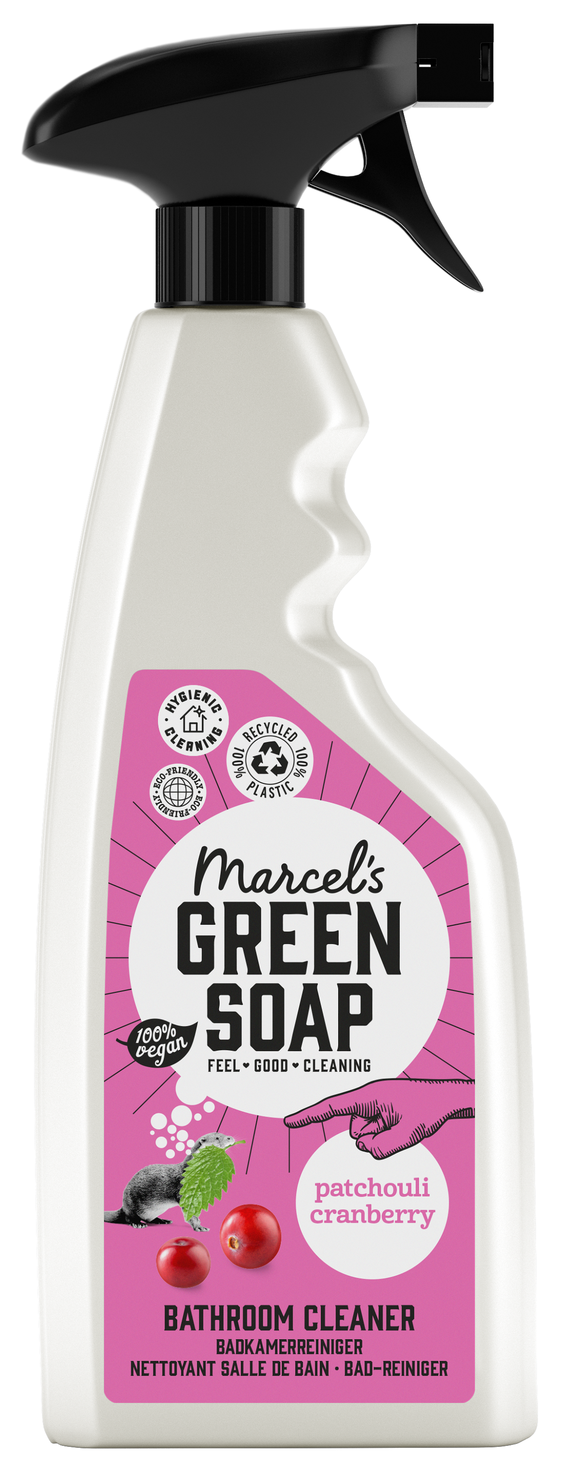 Marcel's Green Soap bathroom spray with patchouli and cranberry scent, 500ml bottle, showcasing the product label.