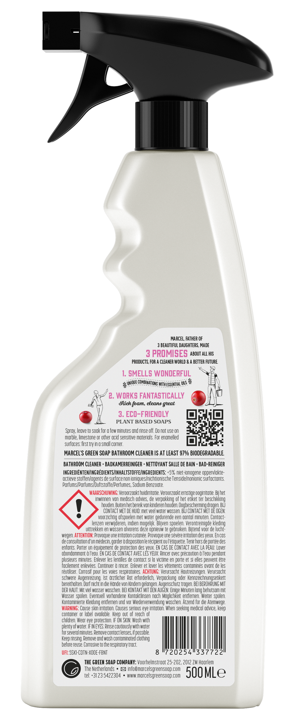 Marcel's Green Soap badkamer spray with patchouli and cranberry scent, 500ml, for cleaning and freshening bathrooms.