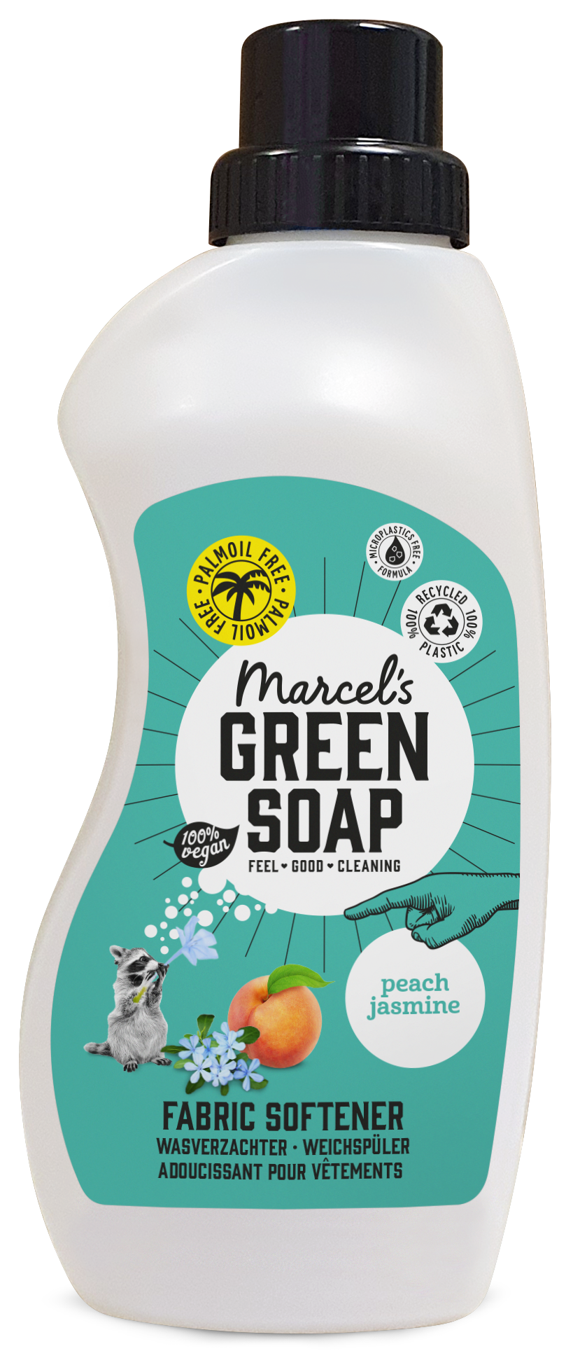 Marcel's Green Soap perzik en jasmijn wasverzachter in 750ml bottle, showing the product label and packaging.