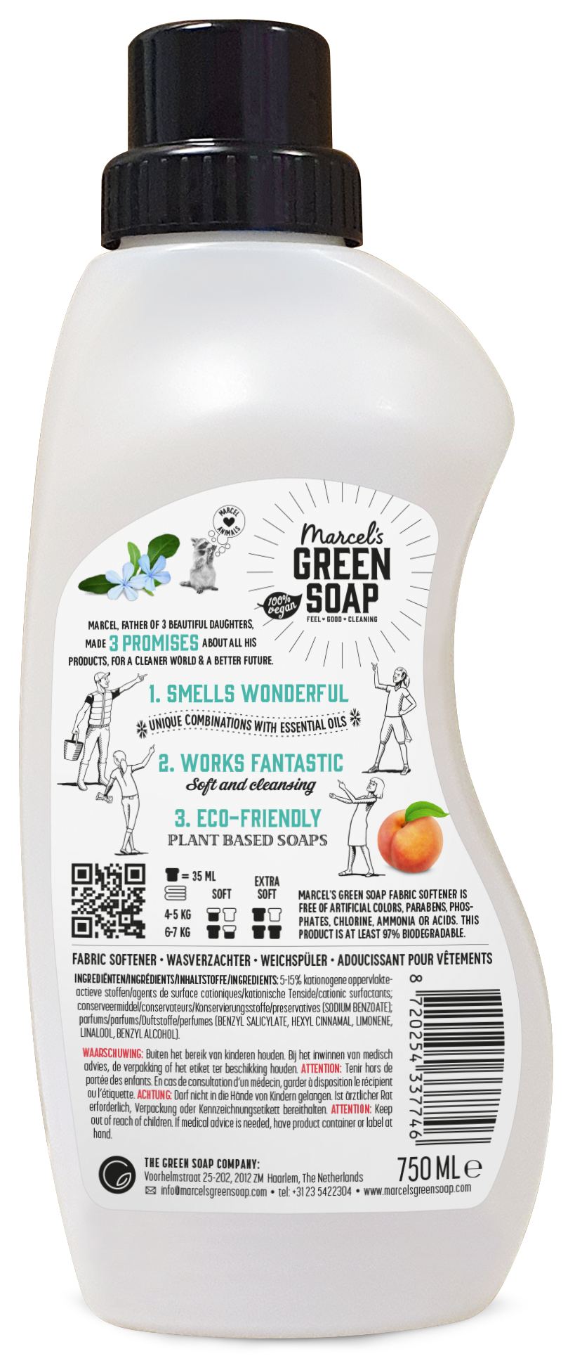 Marcel's Green Soap wasverzachter perzik & jasmijn, 750ml, a fabric softener with peach and jasmine scent in a clear bottle