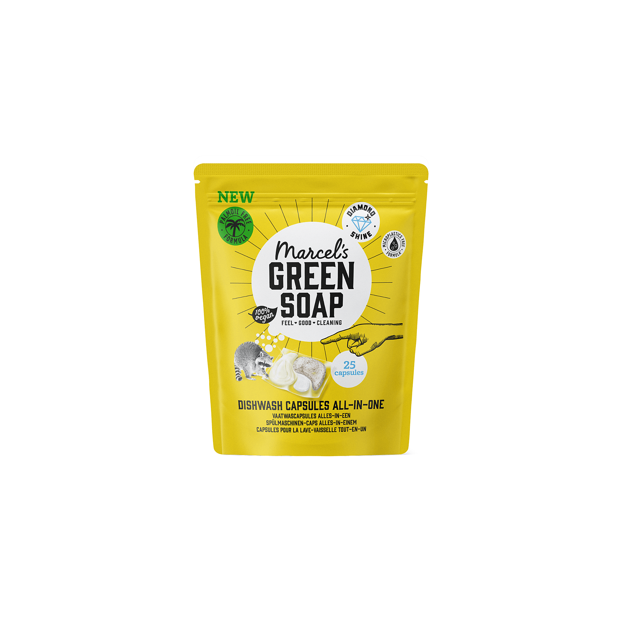 Marcel's Green Soap dishwashing capsules, 25-count, eco-friendly afwasmiddelen with green packaging and transparent capsules.