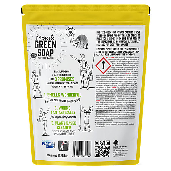 Marcel's Green Soap vaatwas capsules for dishwasher cleaning, 25 capsules, eco-friendly dishwashing product in a clear package