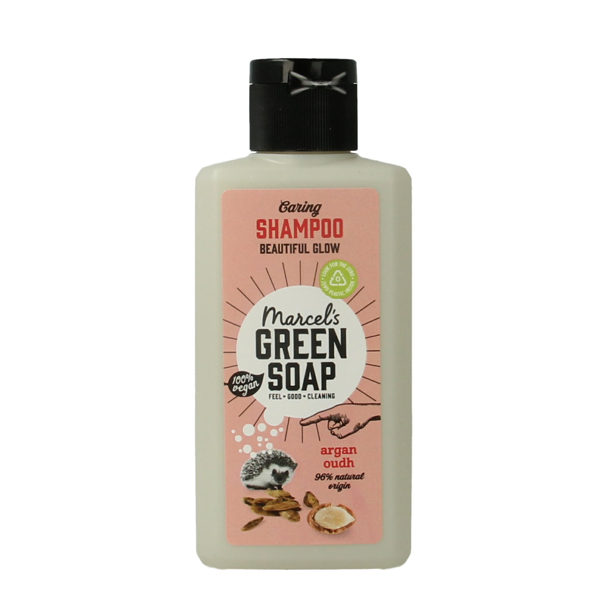 Mini Marcel's Green Soap shampoo bottle with argan and oudh for hair care, 100ml, featuring a green and elegant packaging design.