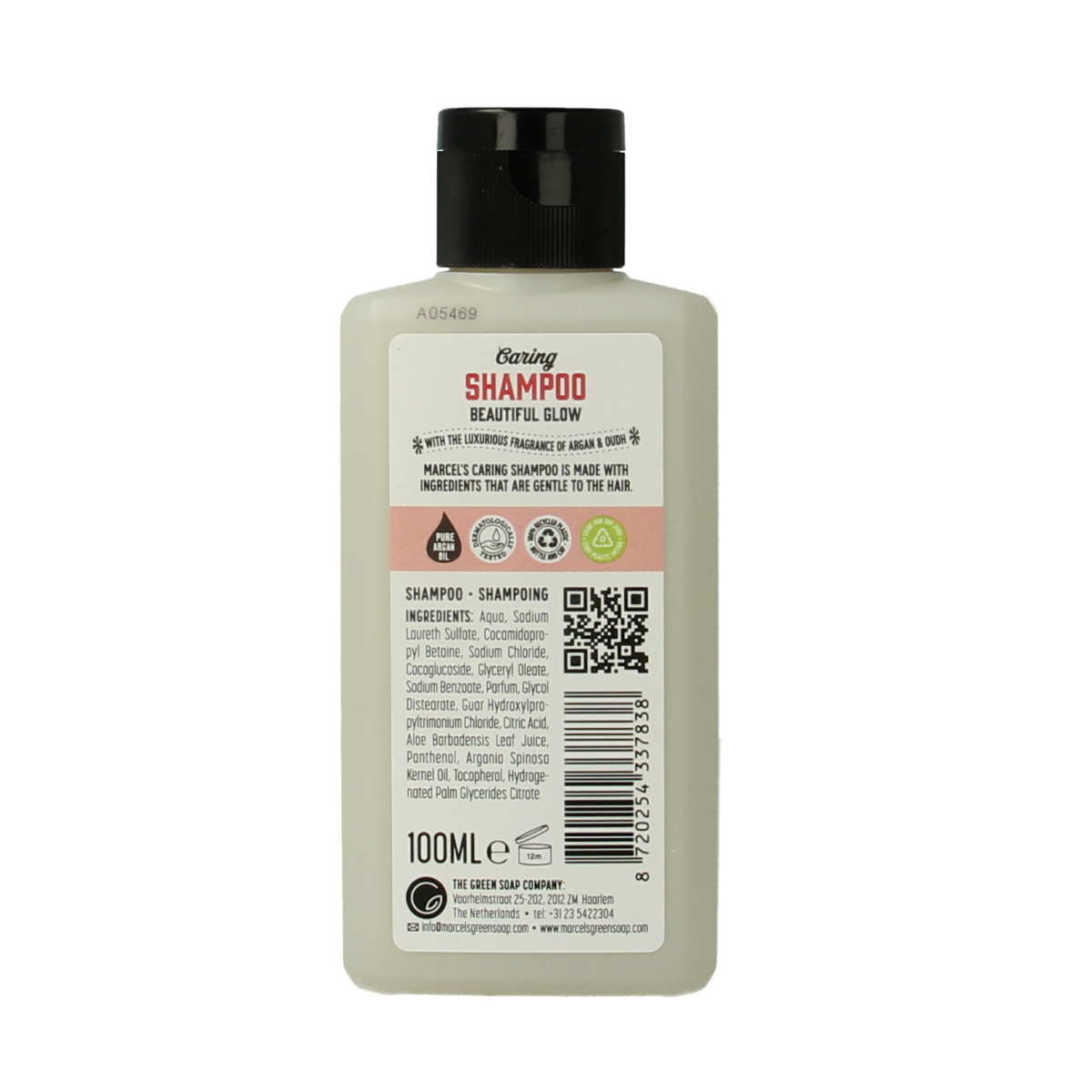 Mini Marcel's Green Soap argan and oudh shampoo bottle, 100ml, for hair care with natural ingredients.