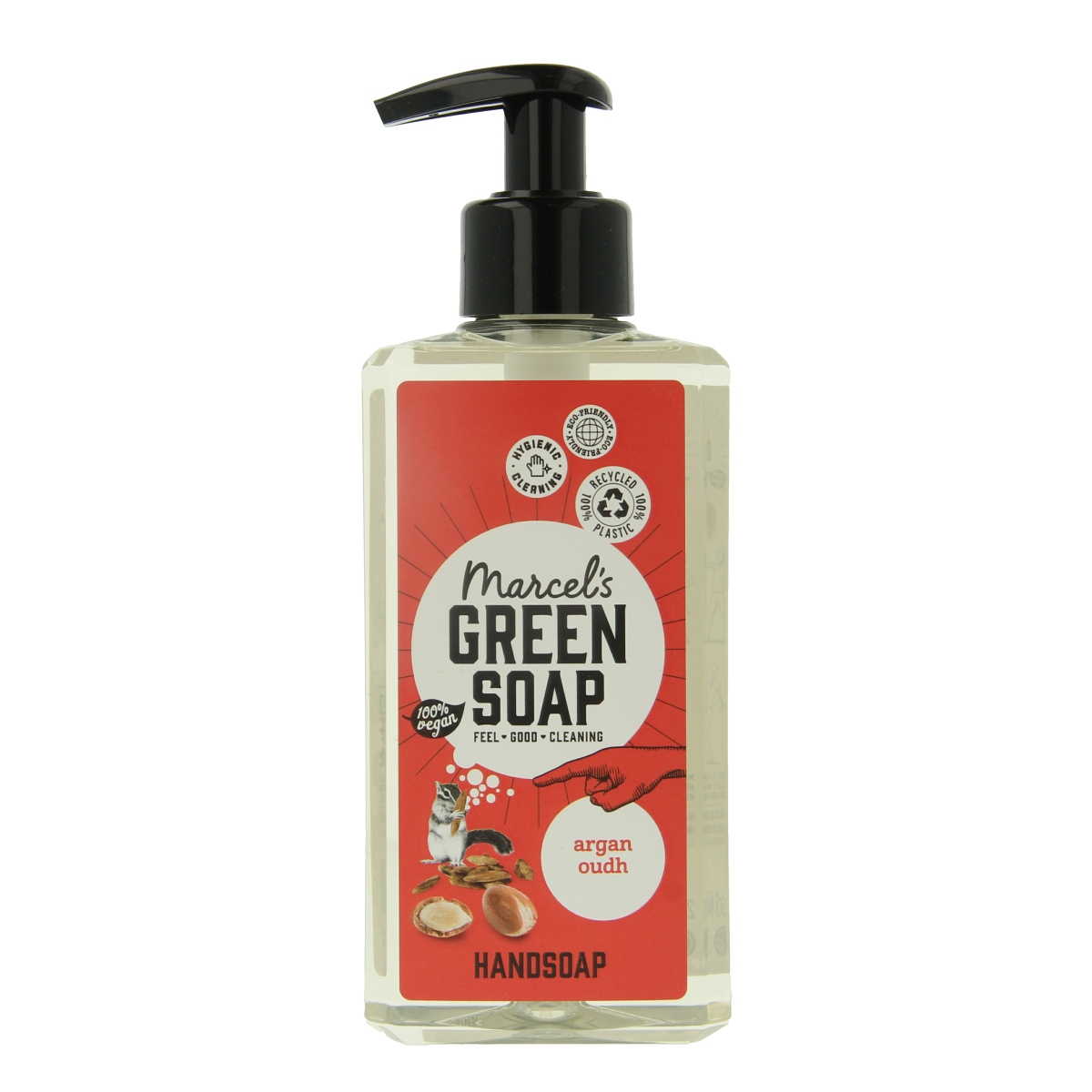 Marcel's Green Soap Argan & Oudh hand soap bottle, 250ml, featuring elegant packaging and natural ingredients for hand care.
