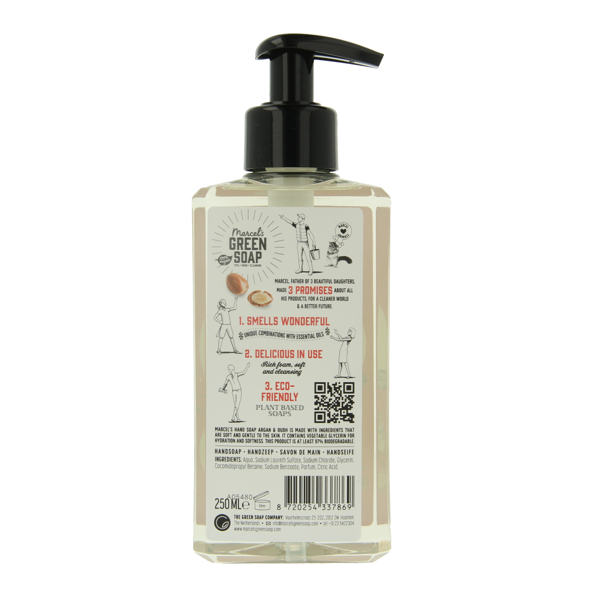 Marcel's Green Soap Argan & Oudh hand soap in 250ml bottle, featuring natural hand care ingredients and elegant packaging.