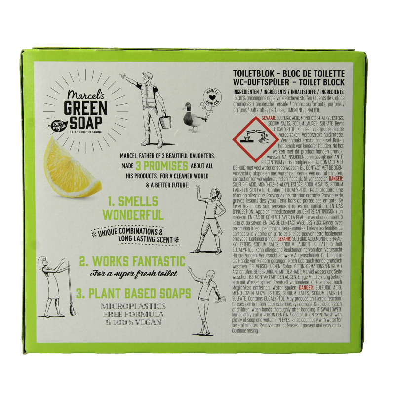 Marcel's Green Soap citroen & gember toiletblok soap in 35g package with lemon and ginger scent, rectangular shape.