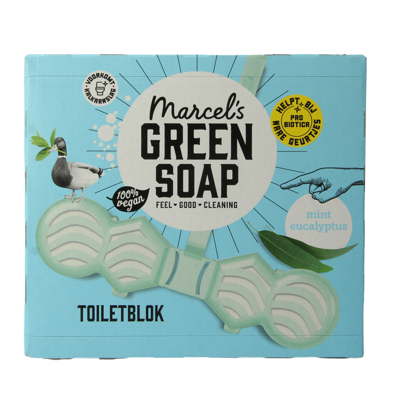 Marcel's Green Soap toilet block with mint and eucalyptus scent, 35 grams, for bathroom freshness and cleaning.
