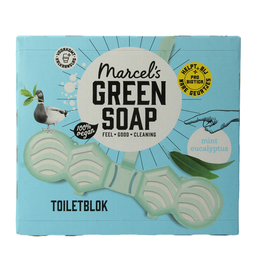 Marcel's Green Soap toilet block with mint and eucalyptus scent, 35 grams, for bathroom freshness and cleaning.
