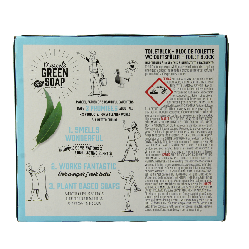 Marcel's Green Soap toilet blok with mint and eucalyptus scent, 35 grams, designed for freshening and cleaning toilets.