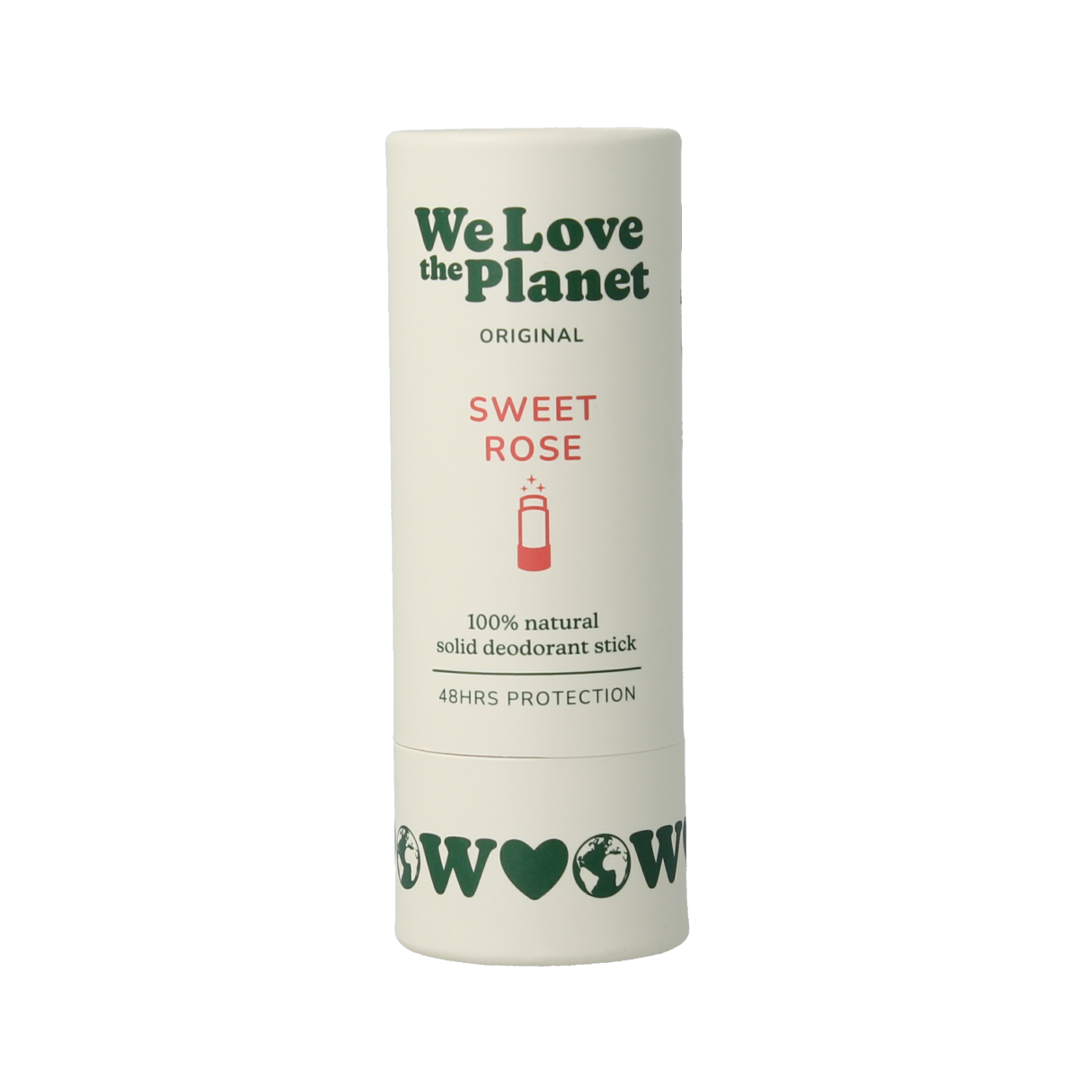 We Love The Planet sweet rose deodorant stick, 40g, with floral packaging and a smooth application surface.