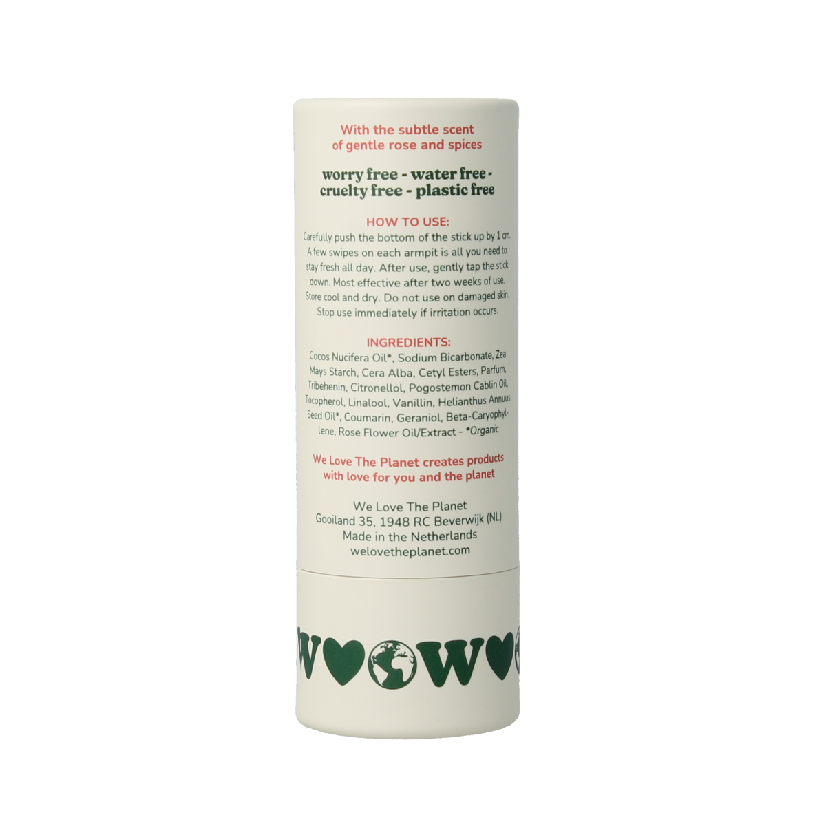 We Love The Planet Sweet Rose deodorant stick in a 40g container, featuring a floral scent and natural ingredients.