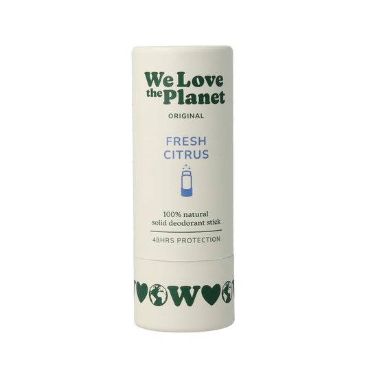 We Love The Planet fresh citrus deodorant stick, 40g, with a sleek packaging and a citrus scent for everyday freshness.