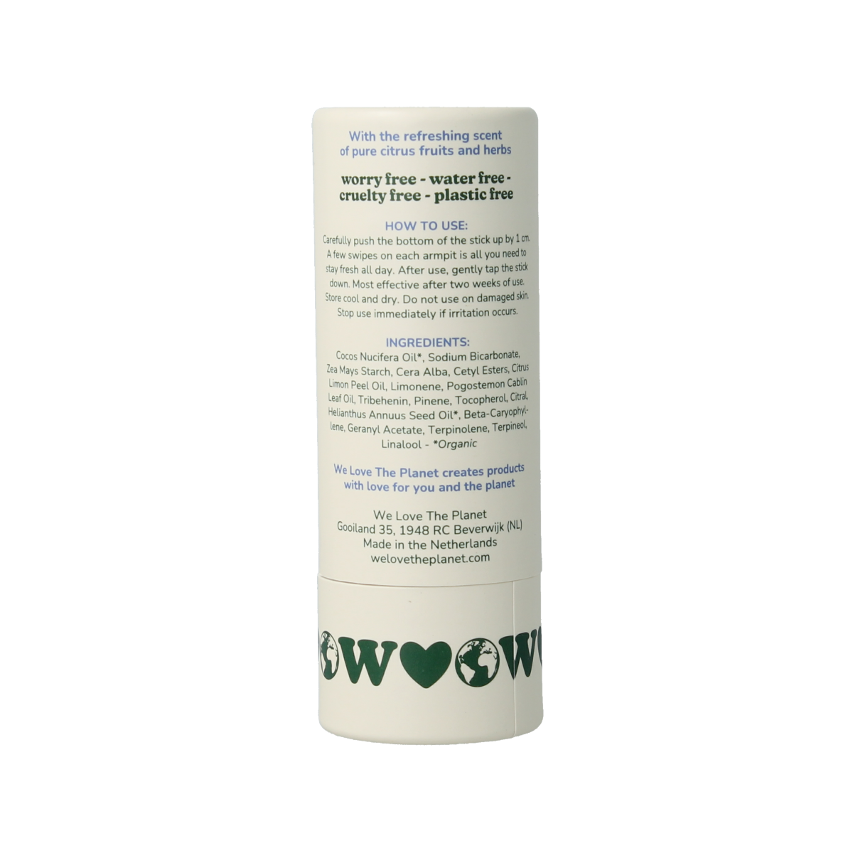 We Love The Planet citrus deodorant stick in 40g, showing the natural packaging and fresh citrus scent label.