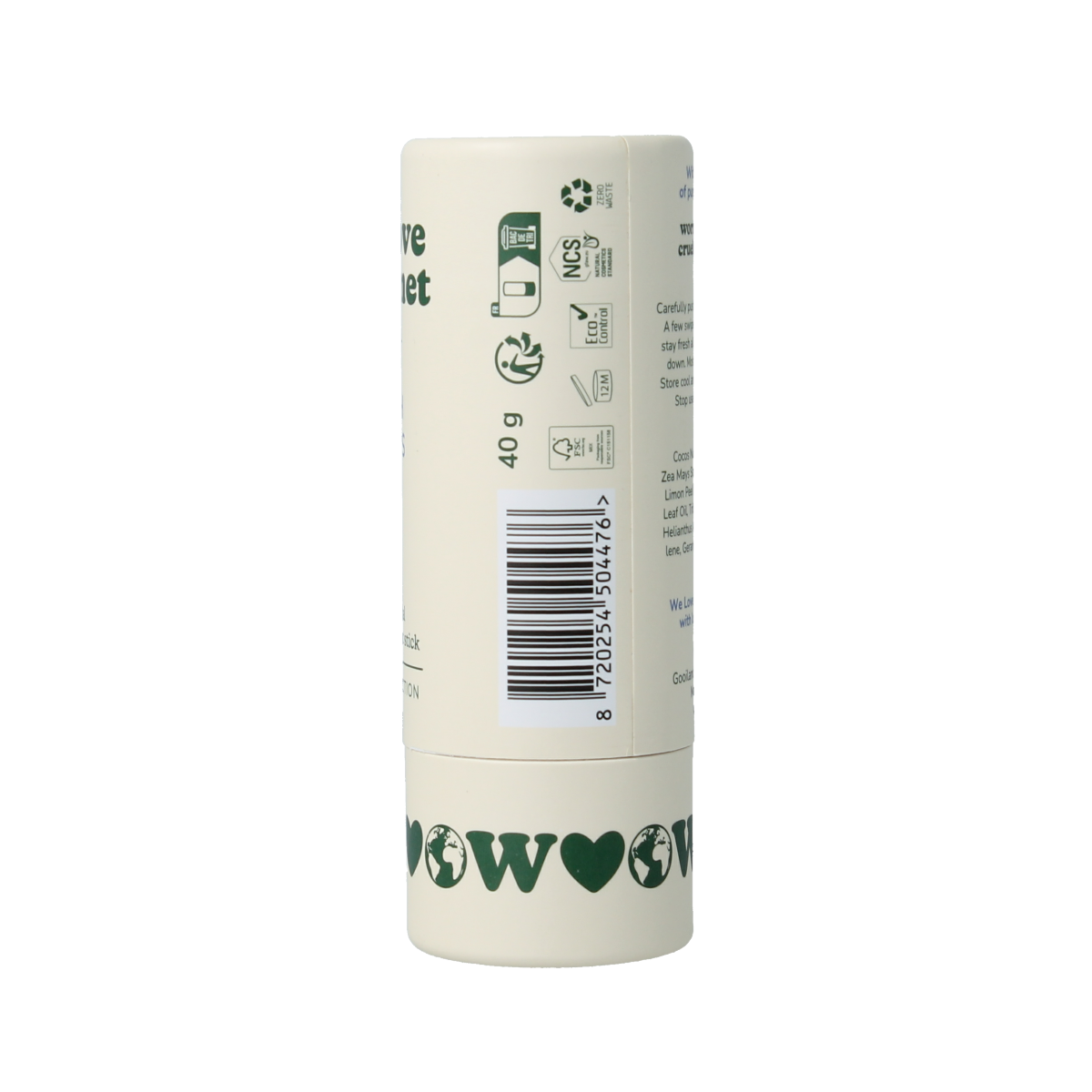 We Love The Planet fresh citrus deodorant stick, 40g, in a sleek container, offering natural odor protection with a citrus scent.