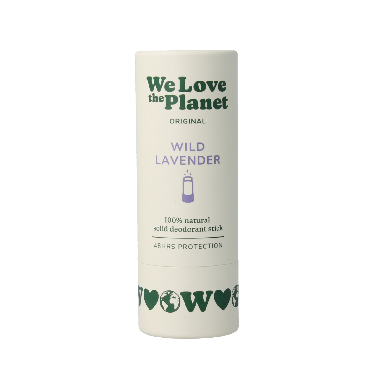 We Love The Planet wild lavender deodorant stick showing the 40g packaging with a lavender flower motif.