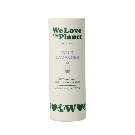 We Love The Planet wild lavender deodorant stick showing the 40g packaging with a lavender flower motif.