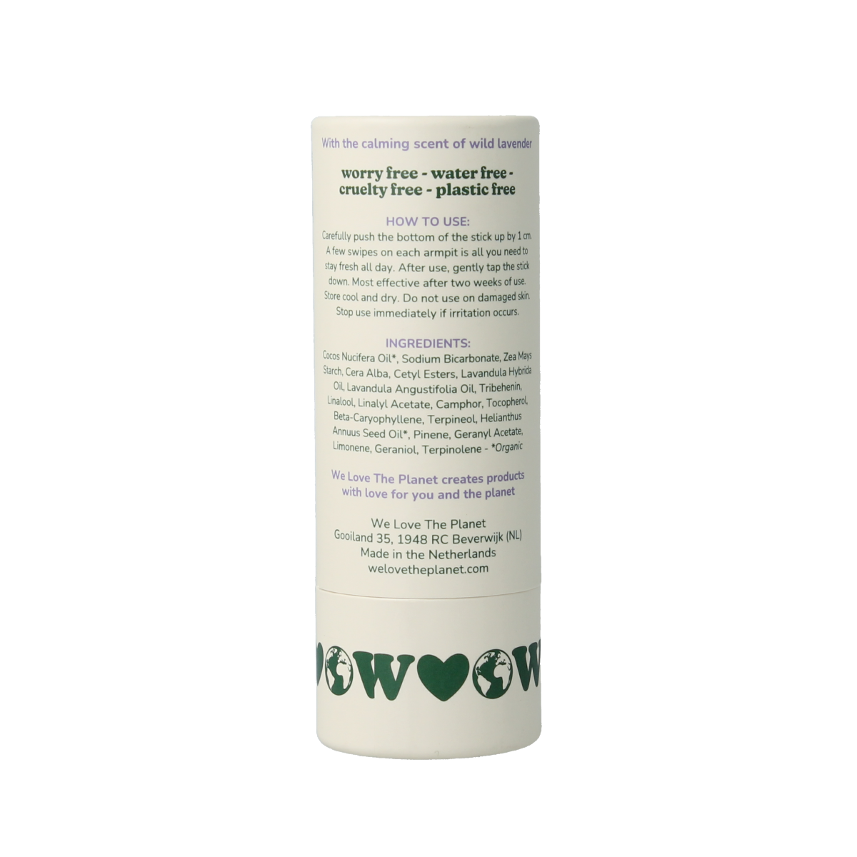 We Love The Planet wild lavender deodorant stick, 40g, with lavender scent and natural ingredients, shown in a sleek packaging.