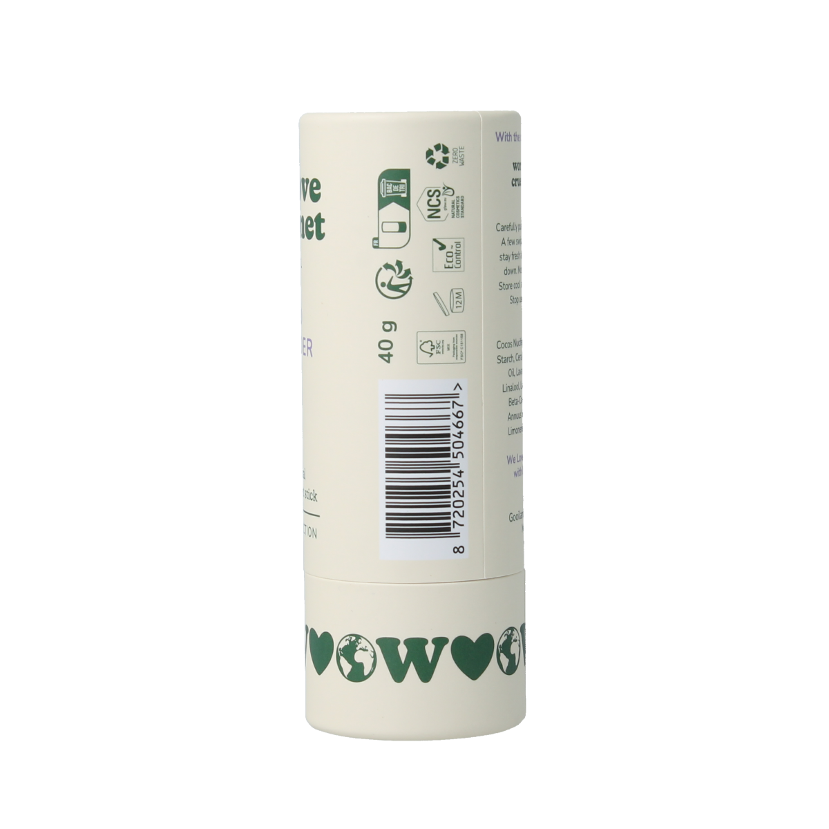 We Love The Planet wild lavender deodorant stick in a 40g container, featuring a natural lavender scent and eco-friendly packaging.