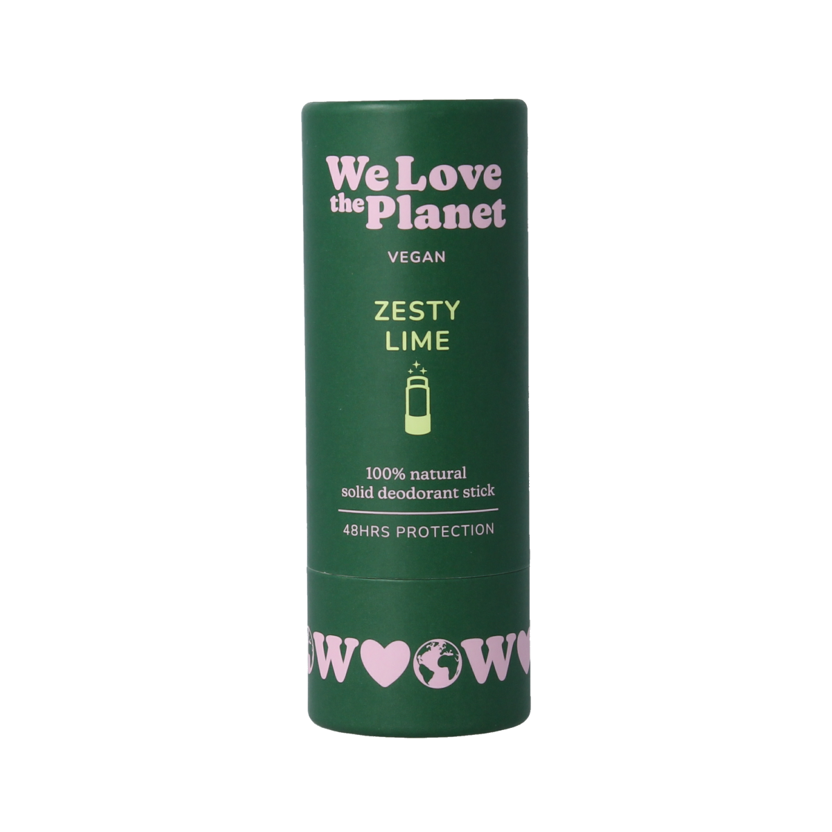 We Love The Planet zesty lime deodorant stick, 40g, natural deodorant with fresh citrus scent, shown in a sleek stick container.