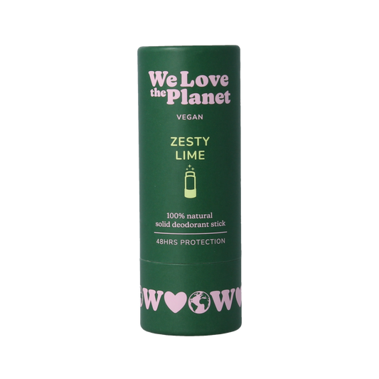 We Love The Planet zesty lime deodorant stick, 40g, natural deodorant with fresh citrus scent, shown in a sleek stick container.