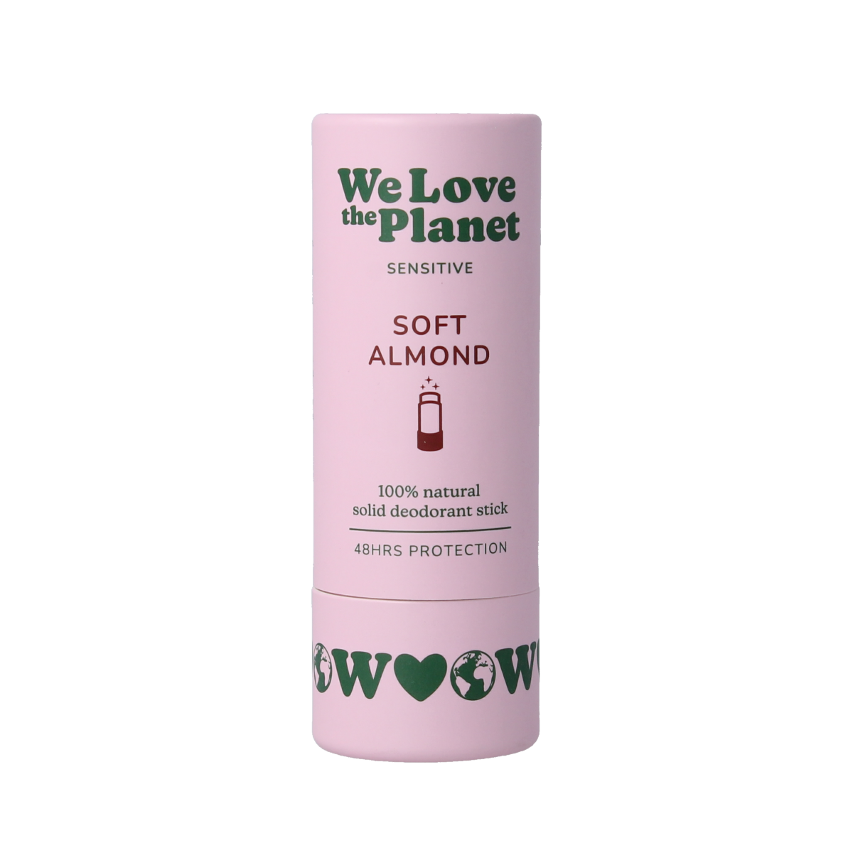 We Love The Planet vegan deodorant stick in soft almond scent, 40g, natural and eco-friendly personal care product.
