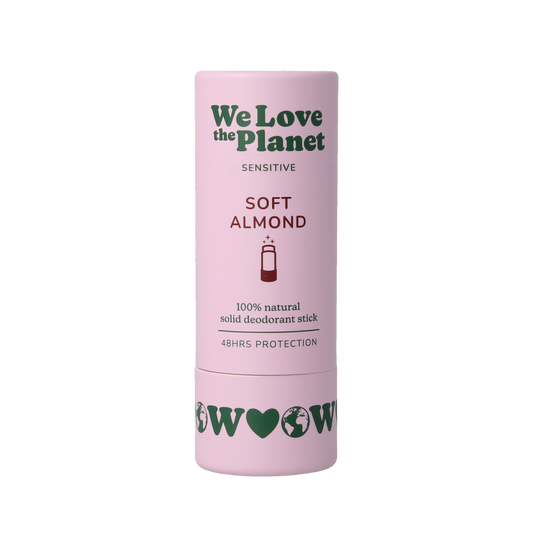 We Love The Planet vegan deodorant stick in soft almond scent, 40g, natural and eco-friendly personal care product.