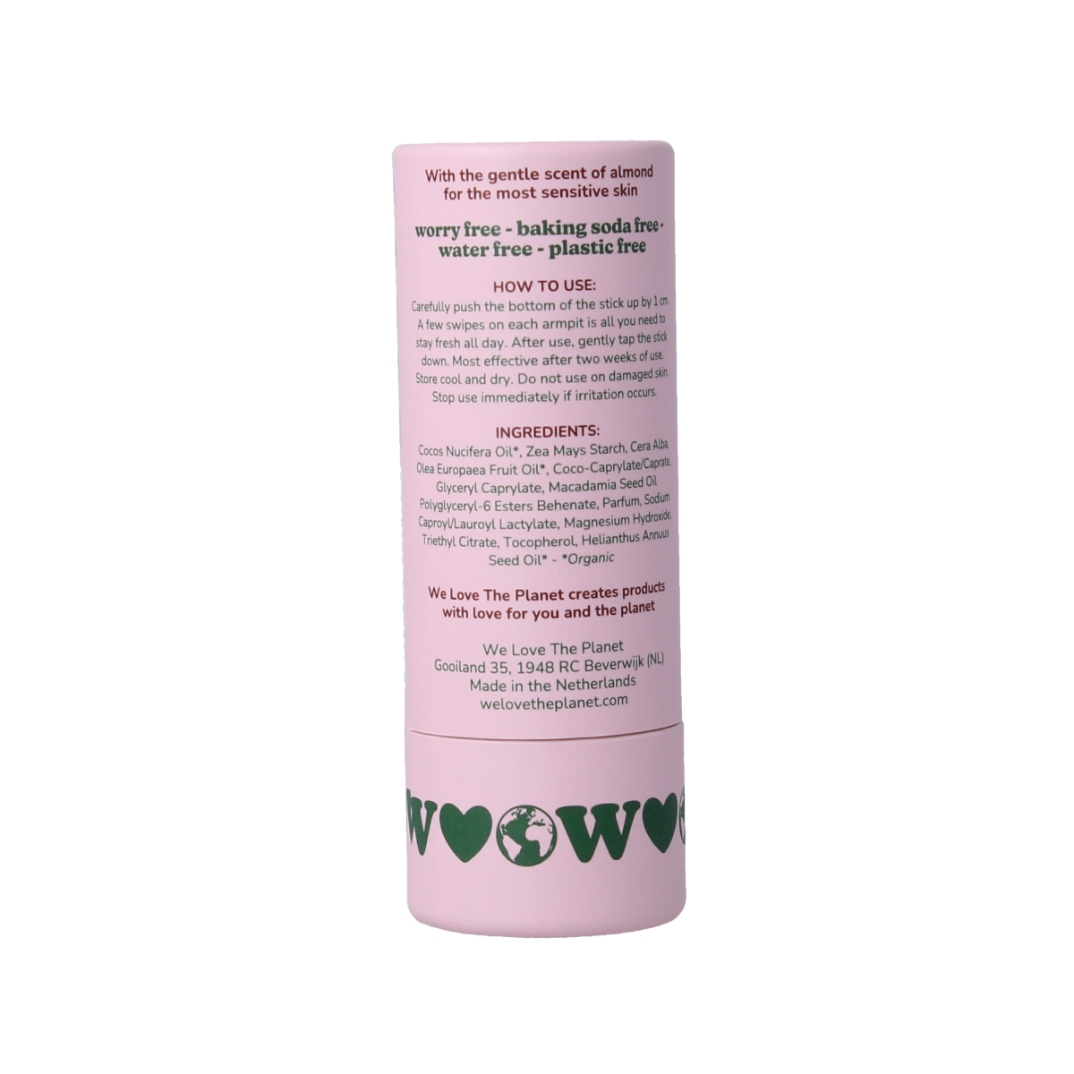We Love The Planet vegan almond-scented deodorant stick in a 40g container, showcasing the soft almond fragrance and natural ingredients.