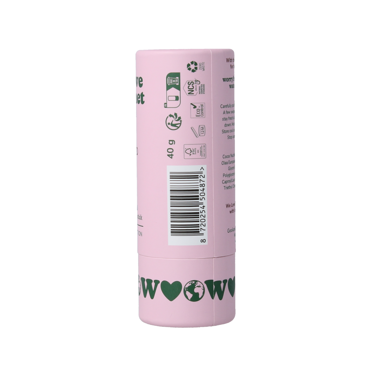 We Love The Planet vegan almond-scented deodorant stick in a 40g container, featuring a soft almond fragrance and natural ingredients.