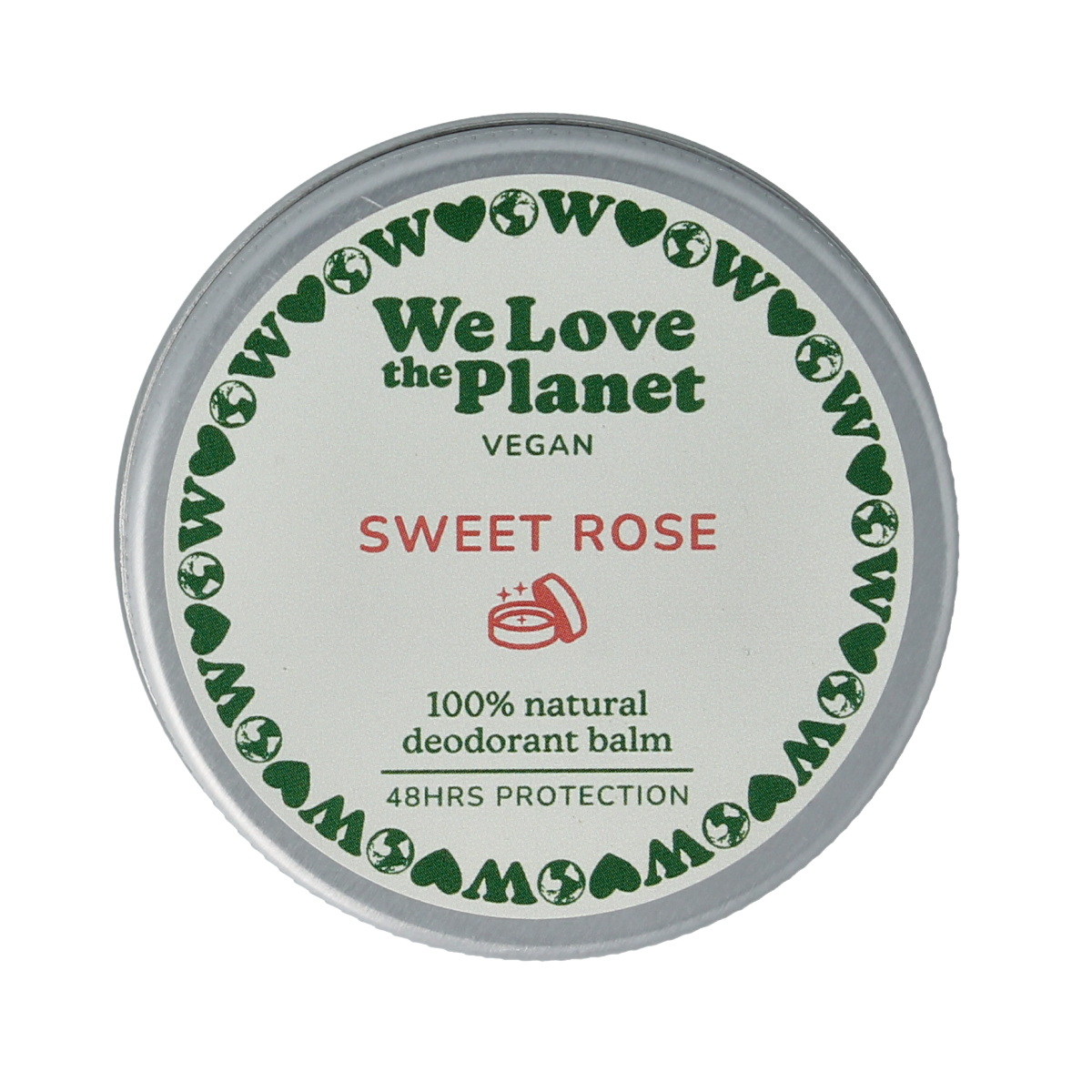 We Love The Planet vegan Sweet Rose deodorant balm in a 35g container showing the floral packaging and product label.