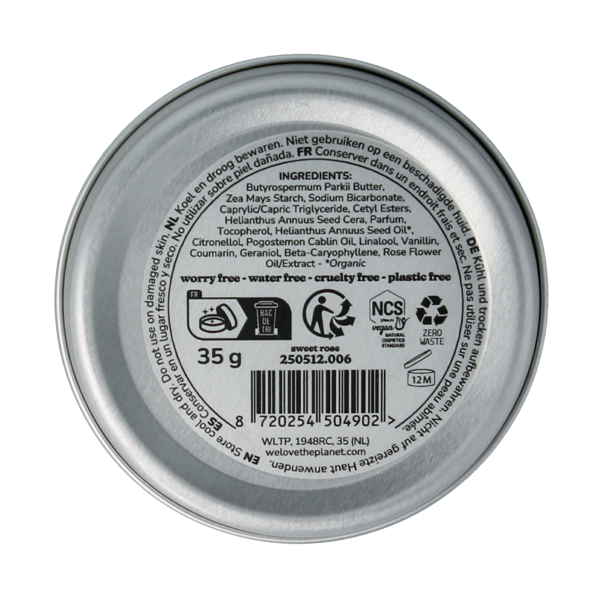 We Love The Planet vegan Rose Deodorant Balm in 35g container, featuring a natural, sweet rose scent and eco-friendly packaging