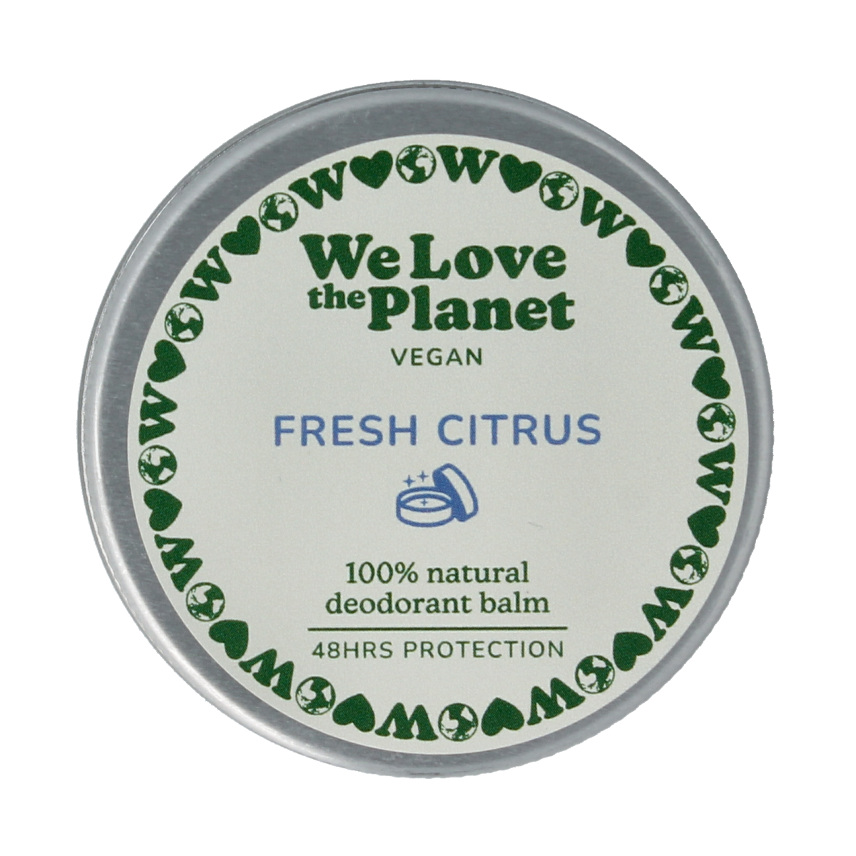 We Love The Planet vegan citrus deodorant balm in a 35g container, fresh scent, natural and cruelty-free personal care product.