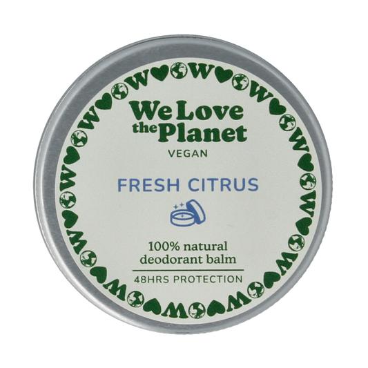 We Love The Planet vegan citrus deodorant balm in a 35g container, fresh scent, natural and cruelty-free personal care product.