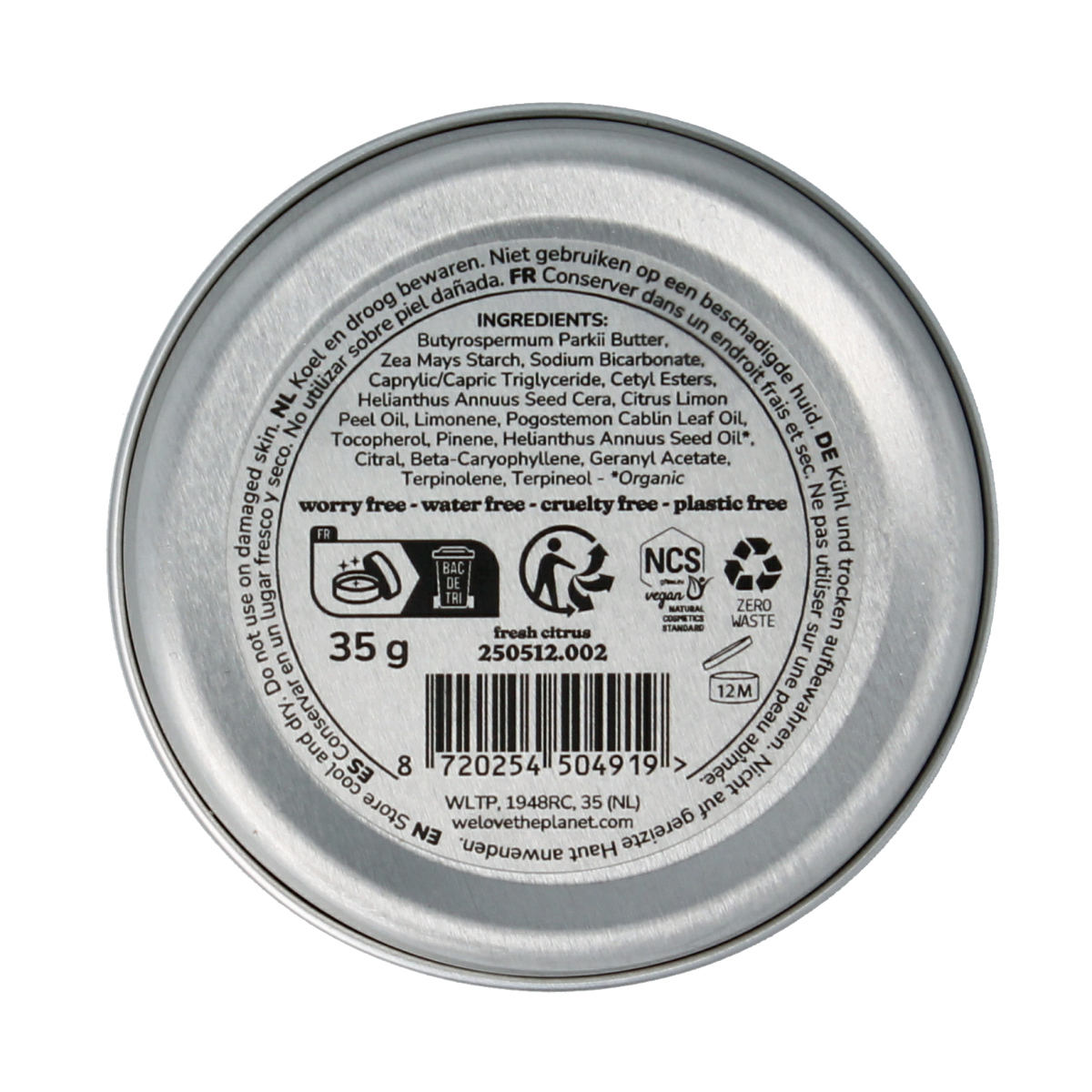 We Love The Planet vegan citrus deodorant balm in a 35g container showing the fresh, natural product.