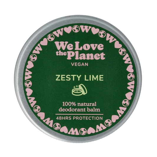 We Love The Planet vegan deodorant balm in zesty lime scent, 35g, with a smooth application and fresh citrus fragrance.