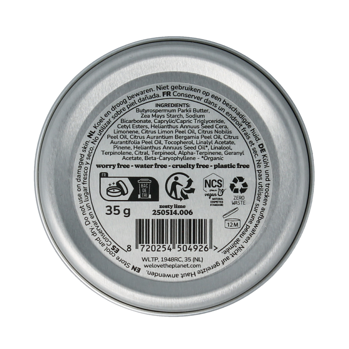 We Love The Planet vegan zesty lime deodorant balm in a 35g container, natural and eco-friendly personal care product.