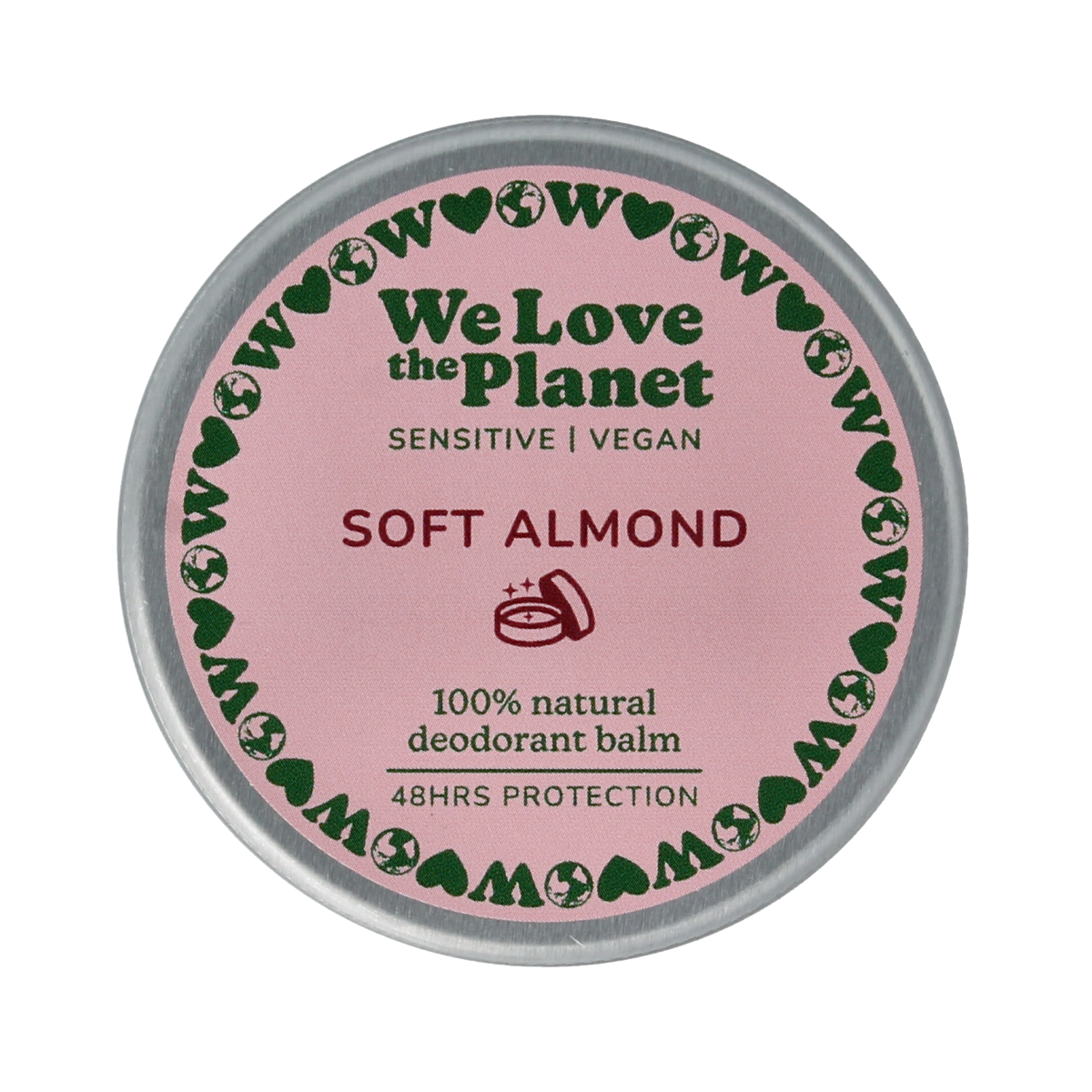 We Love The Planet vegan deodorant balm with soft almond scent in a 35g container, suitable for sensitive skin.