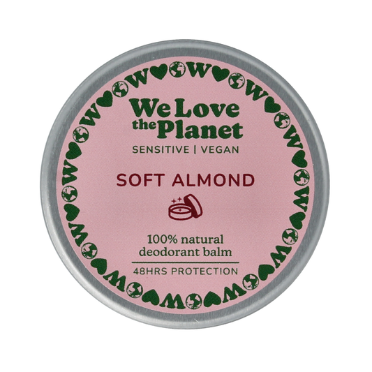 We Love The Planet vegan deodorant balm with soft almond scent in a 35g container, suitable for sensitive skin.
