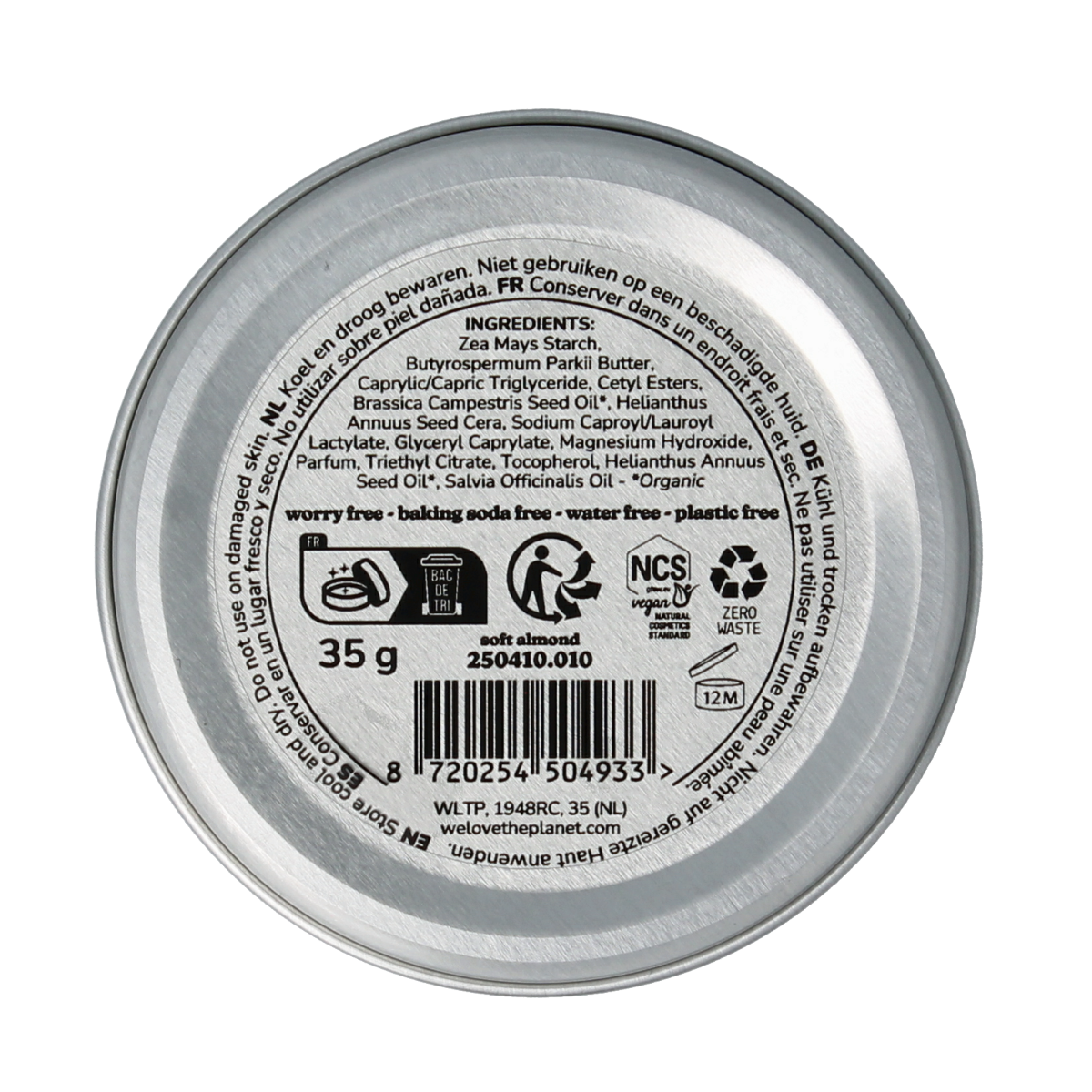 We Love The Planet vegan almond deodorant balm in a 35g soft container, designed for sensitive skin.