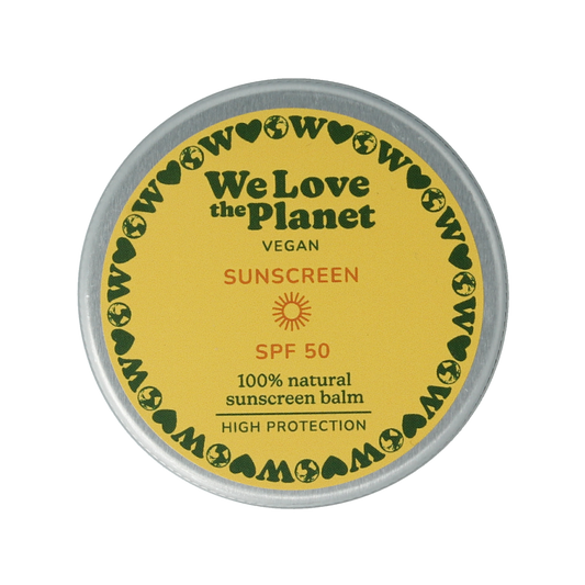 We Love The Planet vegan SPF50 sunscreen balm in 35g, showing the eco-friendly packaging and balm texture.