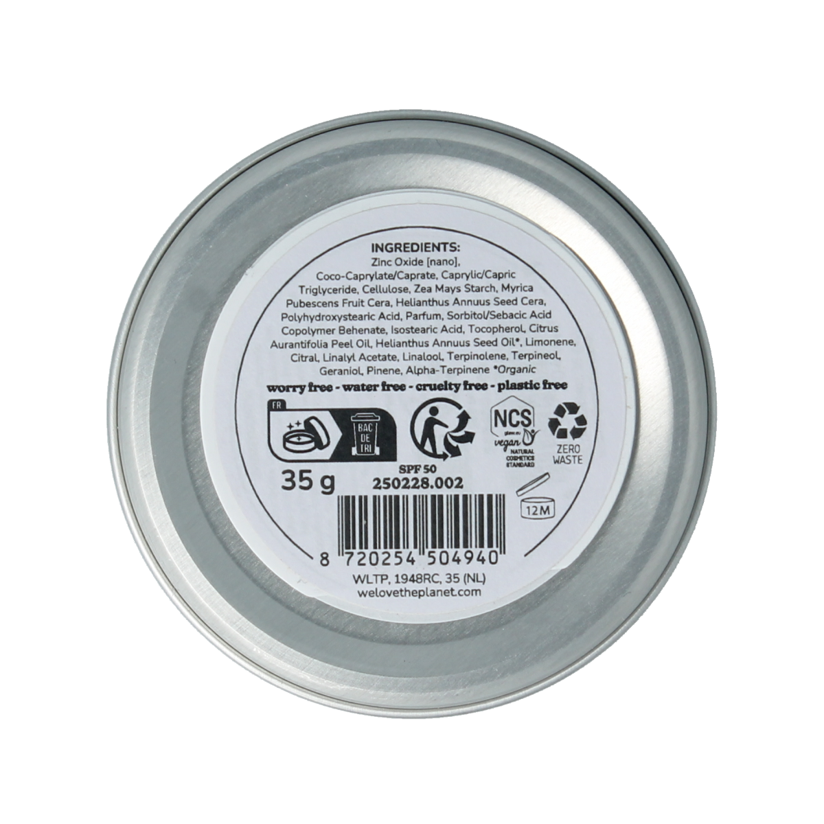 We Love The Planet vegan SPF50 sunscreen balm in 35g, with a smooth, natural skincare application and eco-friendly packaging.