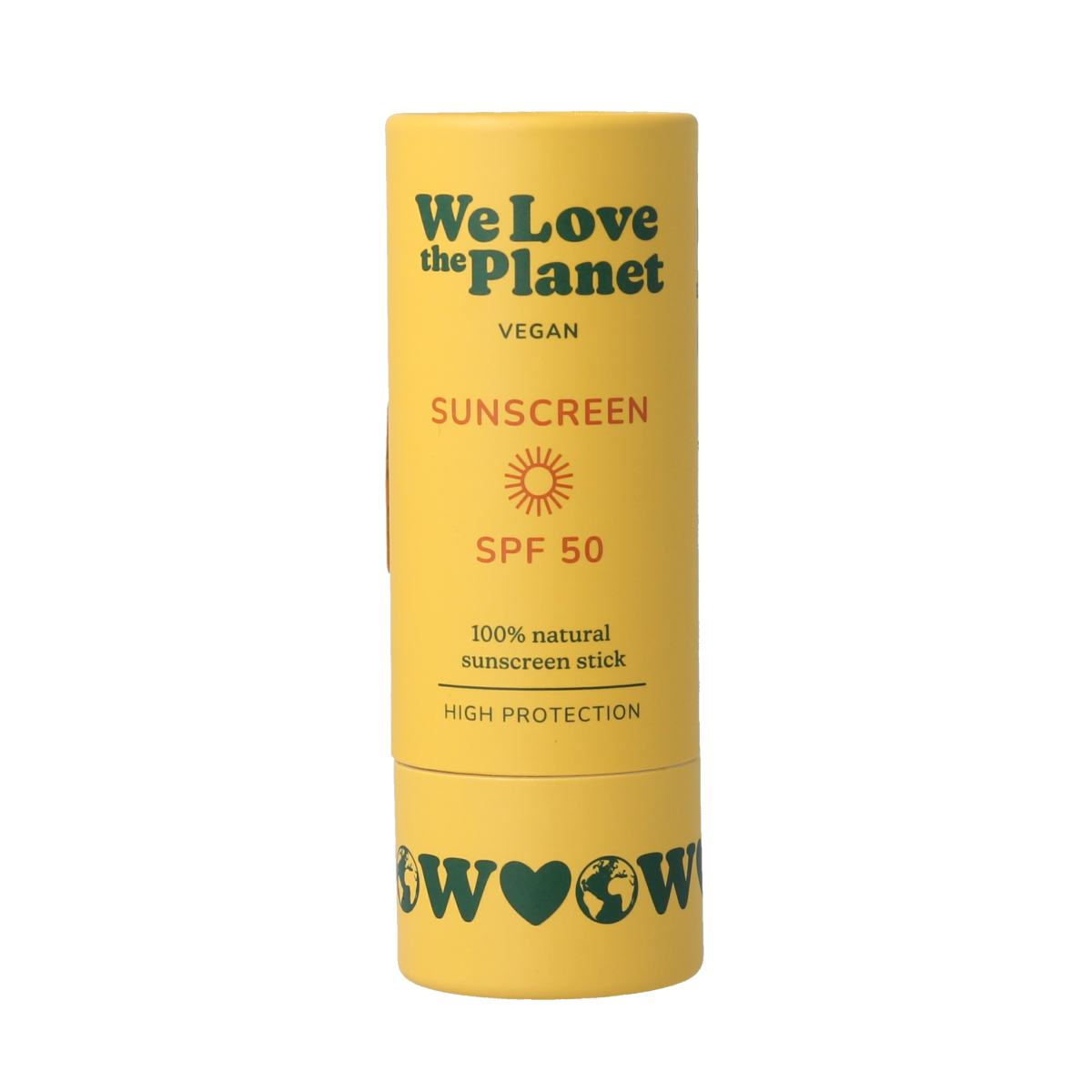 We Love The Planet vegan SPF50 Sunscreen stick in 40g, natural sun protection for face and body with eco-friendly ingredients.