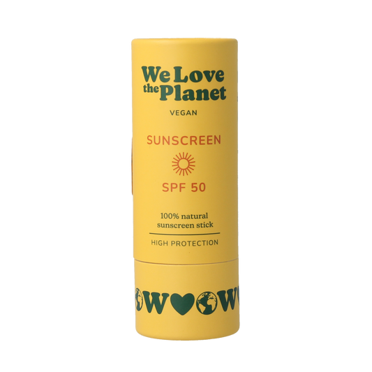 We Love The Planet vegan SPF50 Sunscreen stick in 40g, natural sun protection for face and body with eco-friendly ingredients.