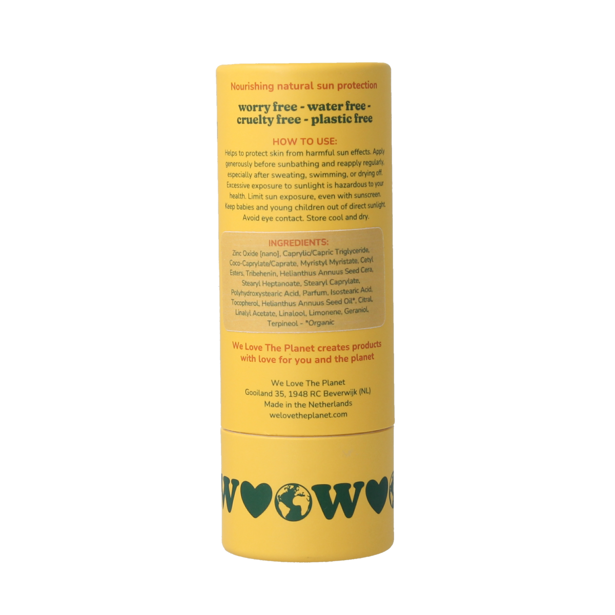 We Love The Planet vegan SPF50 Sunscreen stick in 40g, featuring a compact, eco-friendly Zonnen sunscreen with broad-spectrum protection.